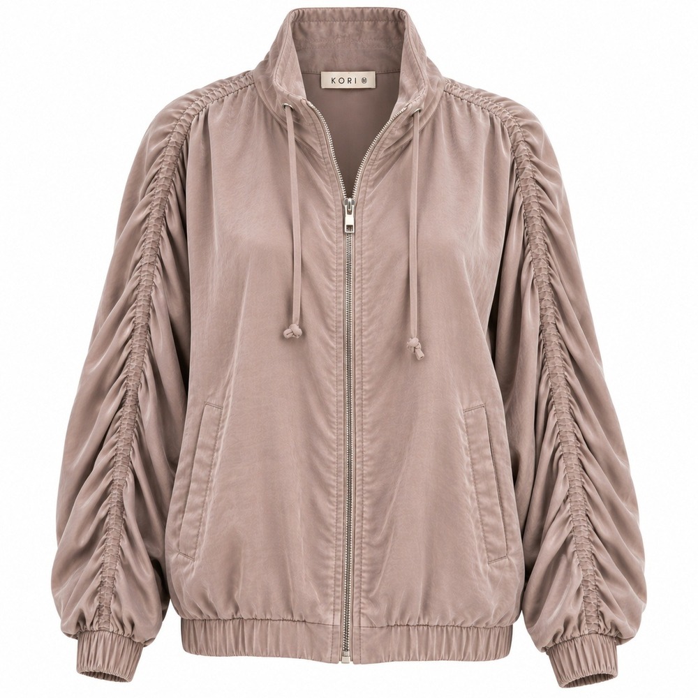 KORI Cupro Blend Ruched Sleeve Bomber Jacket Taupe Medium